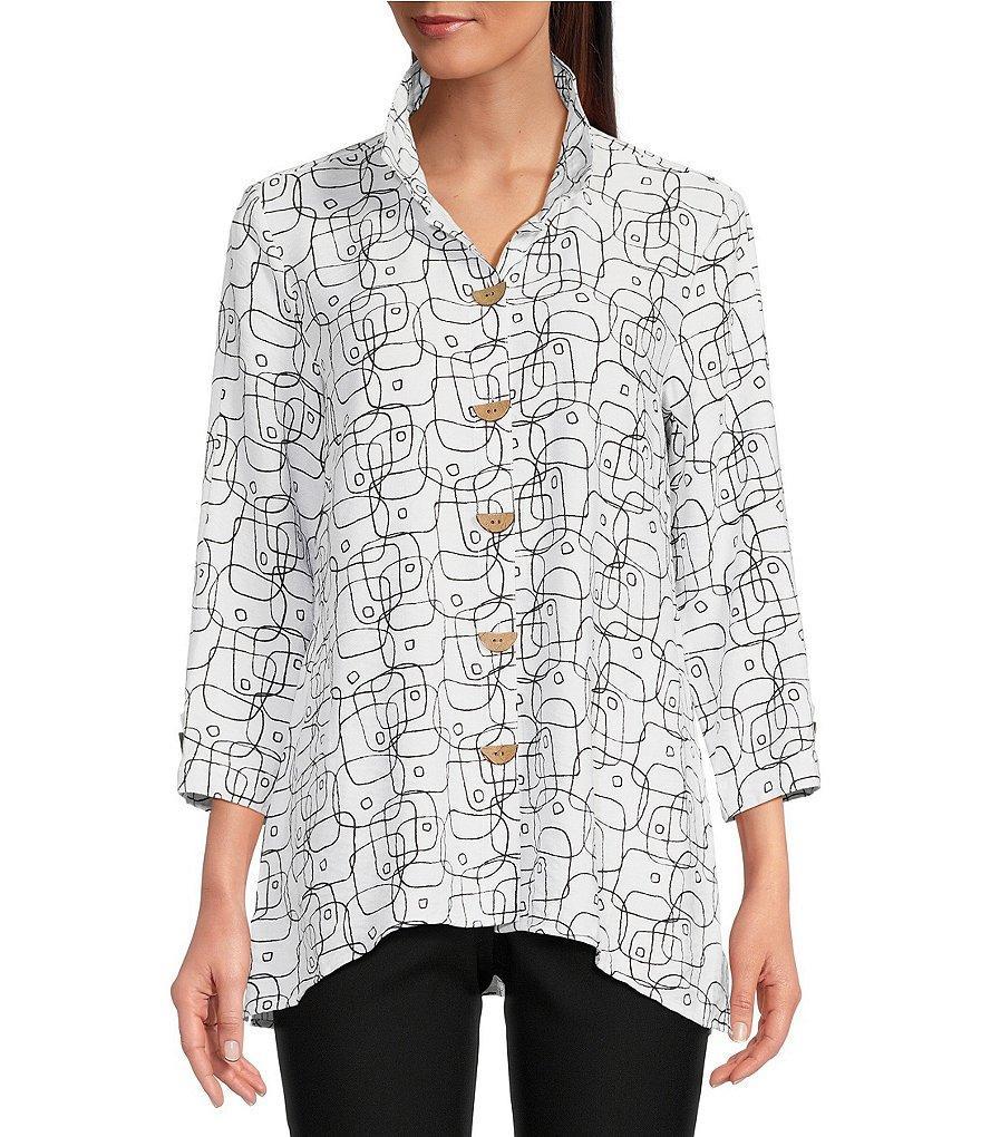 Ali Miles Woven Abstract Square Line Print Wire Collar 3/4 Sleeve Button Front Tunic Product Image