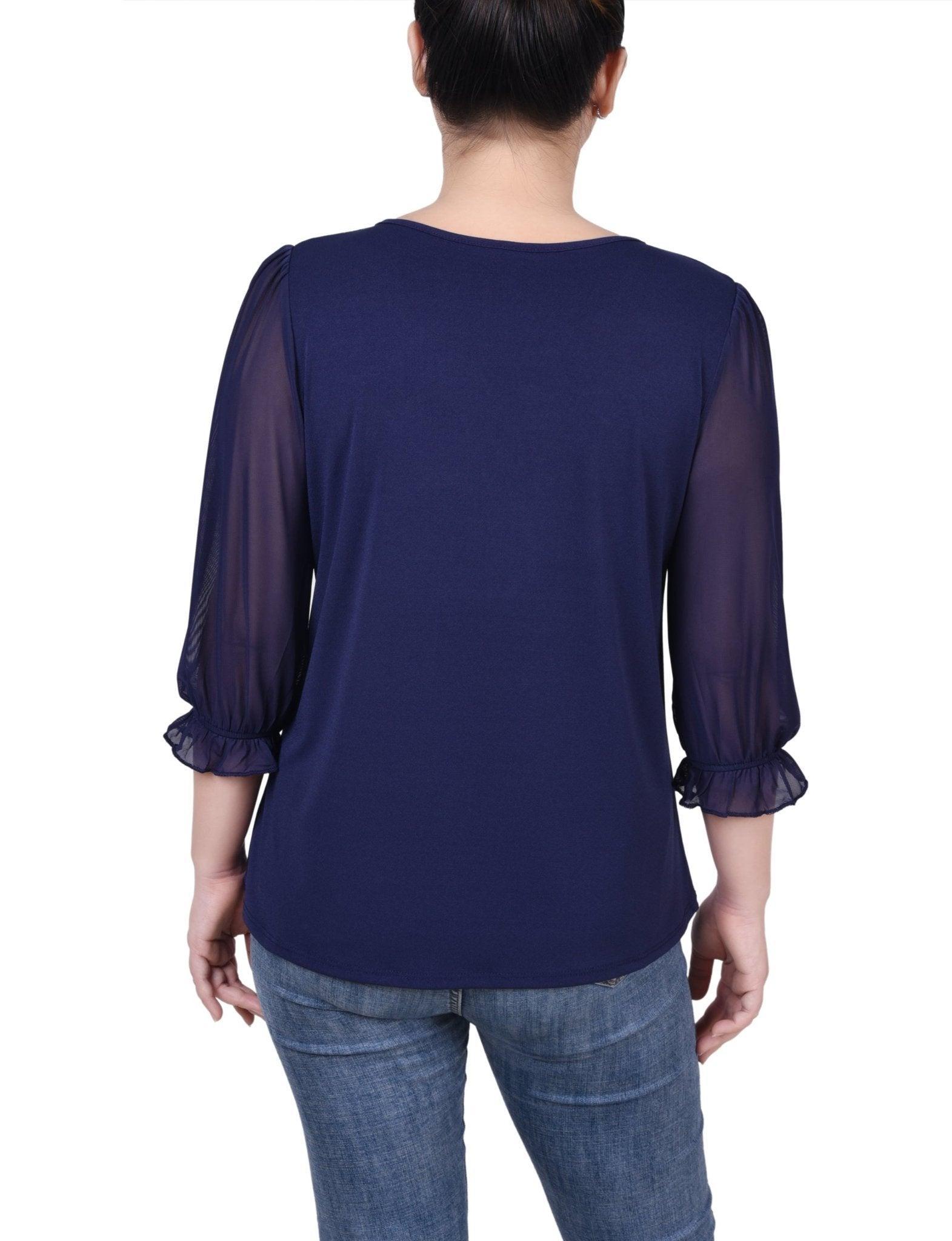 3/4 Length Sleeve Ringed Top With Mesh - Petite Product Image