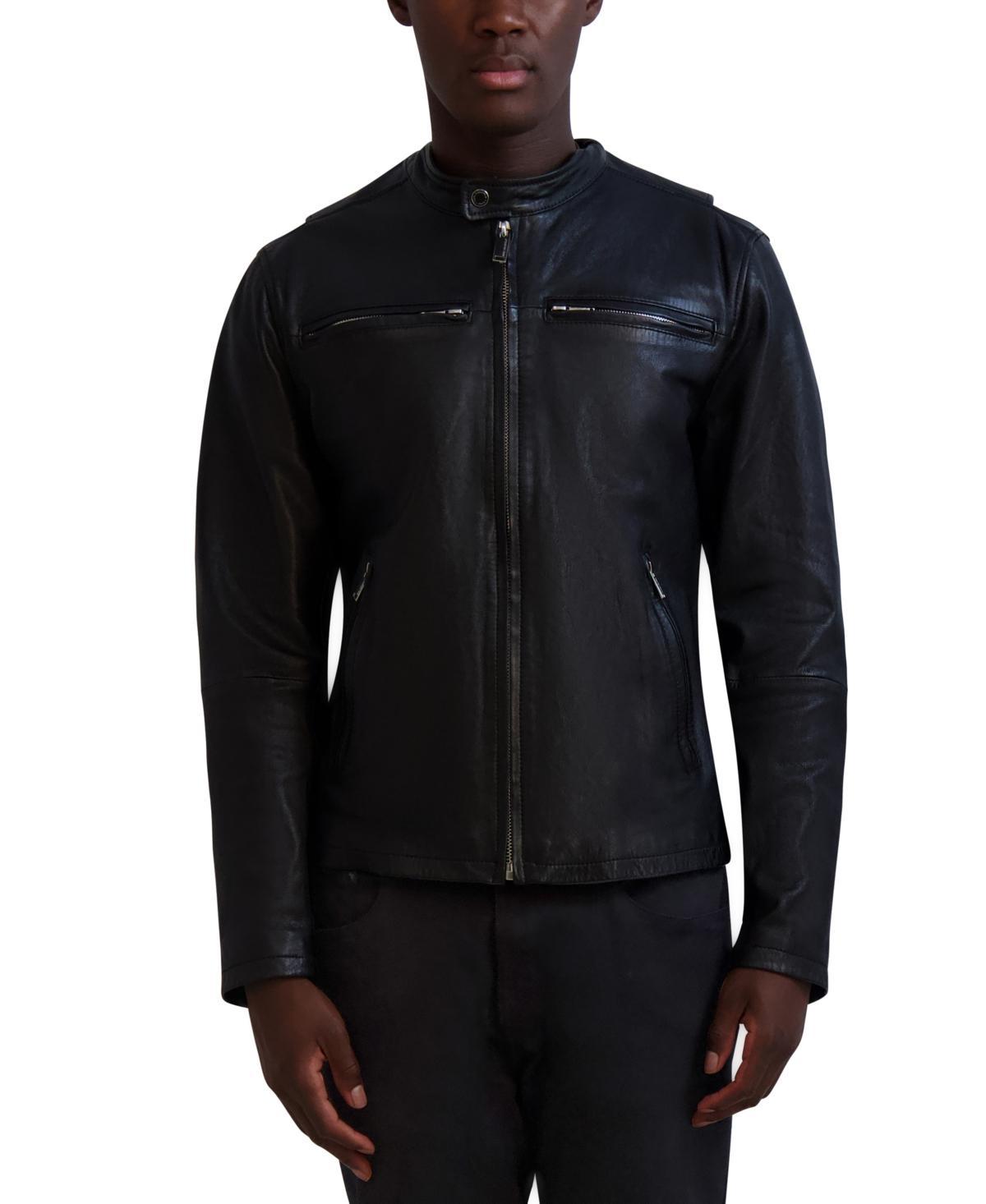 Karl Lagerfeld Mens Band-Collar Distressed Leather Jacket Product Image