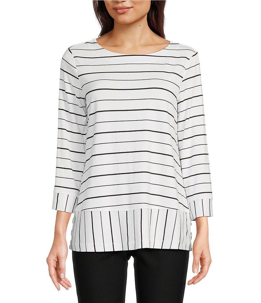 Ali Miles Stretch Knit Stripe Print Round Neck 3/4 Sleeve High-Low Hem Tunic product image