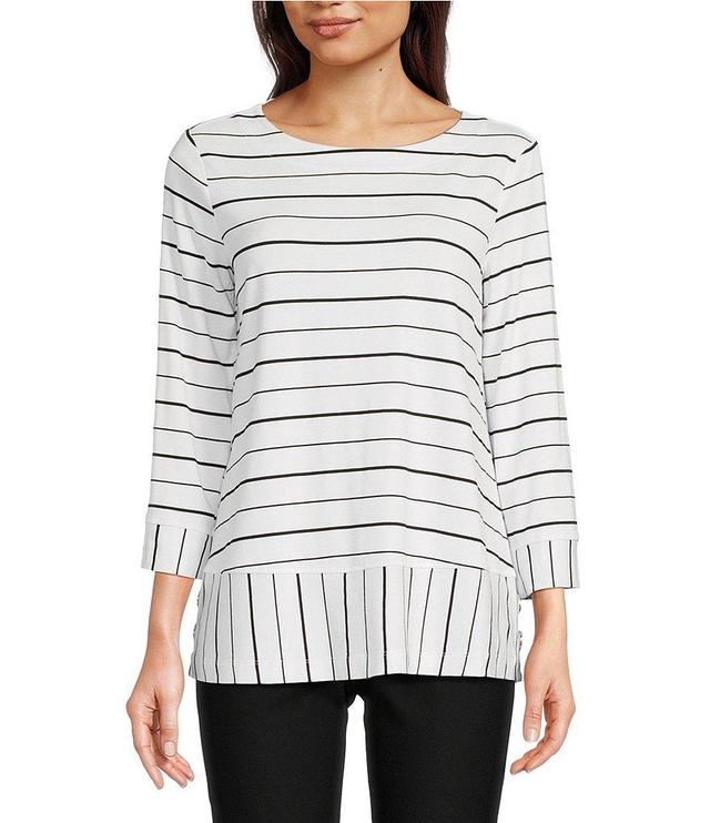 Ali Miles Stretch Knit Stripe Print Round Neck 3/4 Sleeve High-Low Hem Tunic Product Image