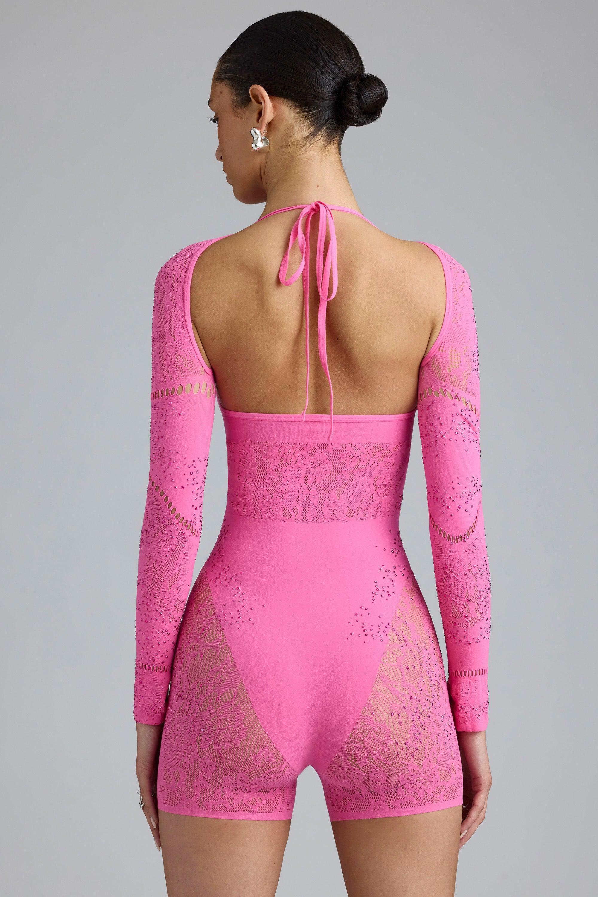 Embellished Cut-Out Unitard in Bubblegum Pink Female Product Image