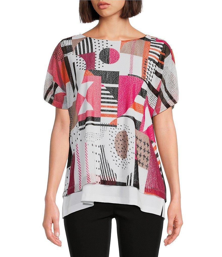 Multiples Petite Size Geometric Print Knit Boat Neck Short Sleeve Top Product Image