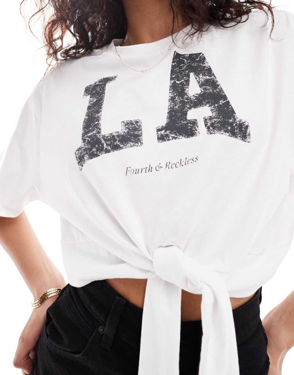 4th & Reckless tie front LA oversized cropped T-shirt in white Product Image