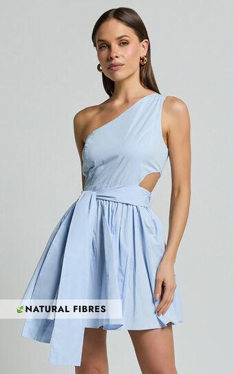 Mauee Mini Dress - One Shoulder Tie Waist Cut Out Dress in Powder Blue Product Image