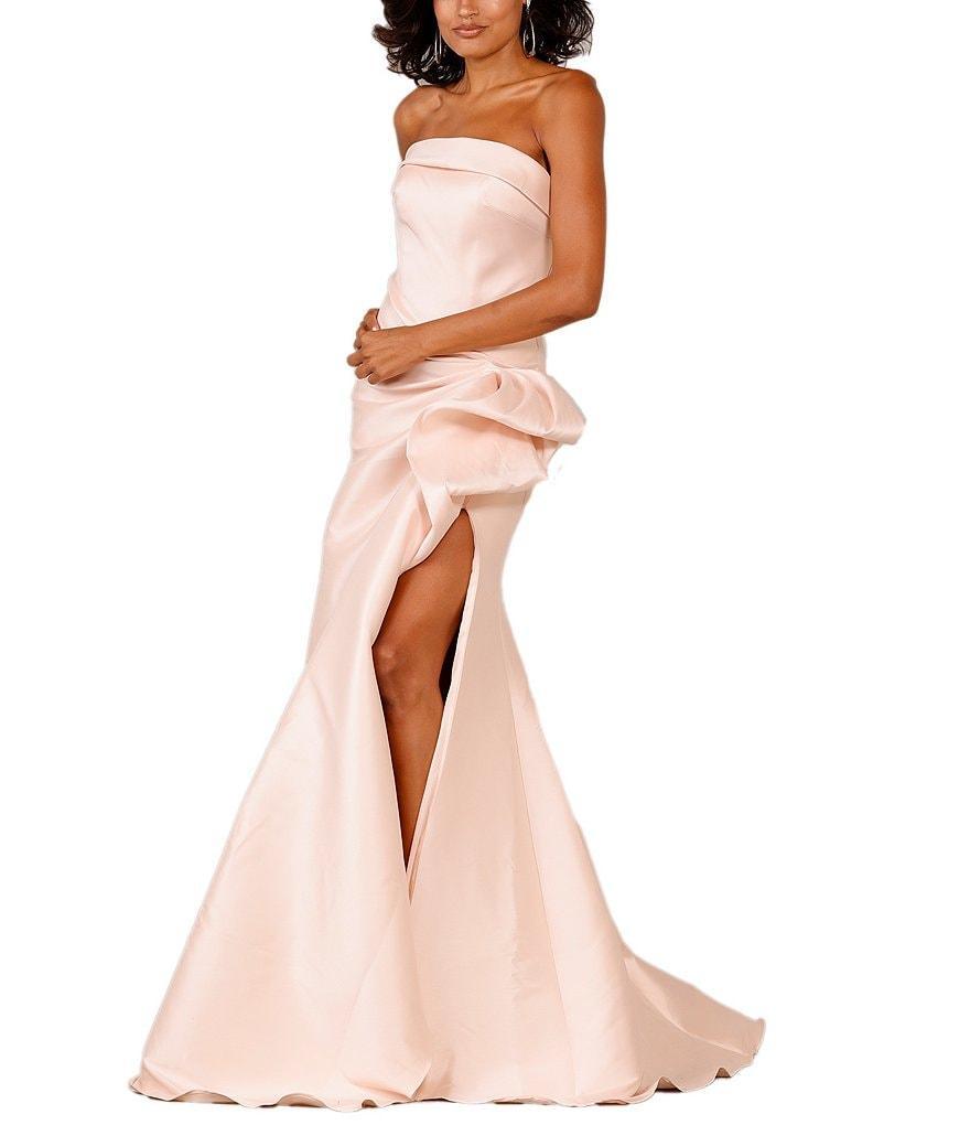 Glamour by Terani Couture Strapless Cuffed Neckline Mikado Gathered Side Slit Hem Trumpet Gown Product Image