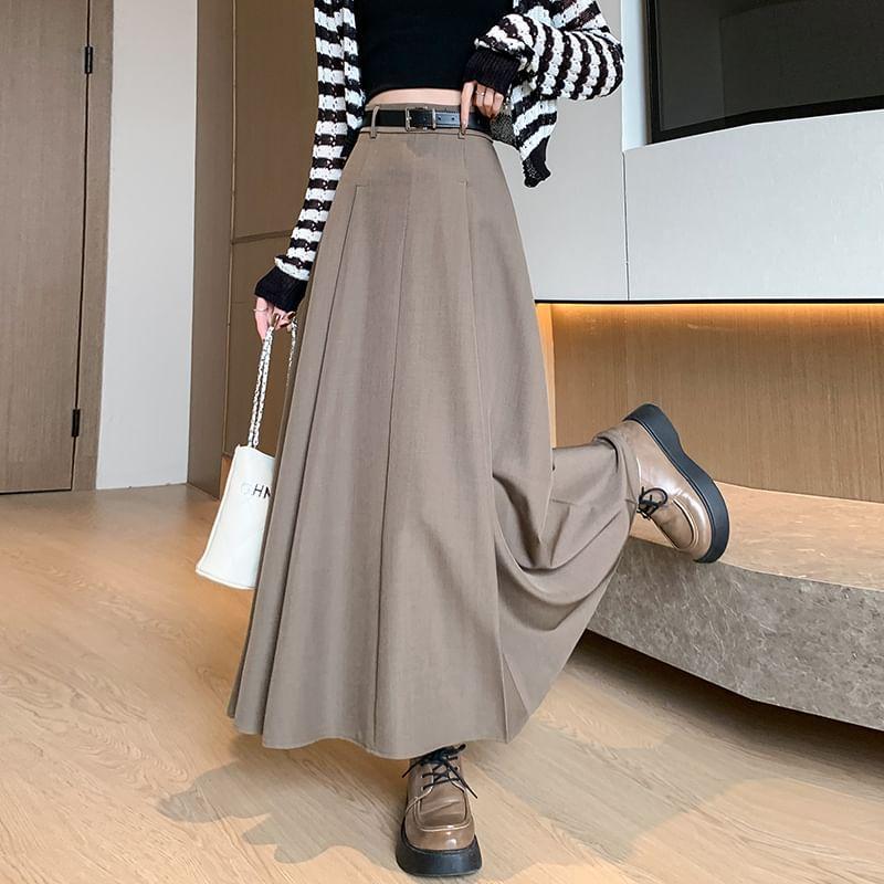 High Waist Plain Pleated Maxi A-Line Skirt Product Image