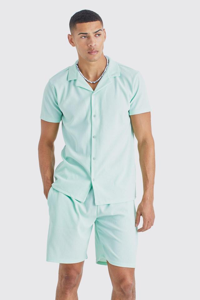 Short Sleeve Ribbed Shirt And Short Set | boohooMAN USA Product Image