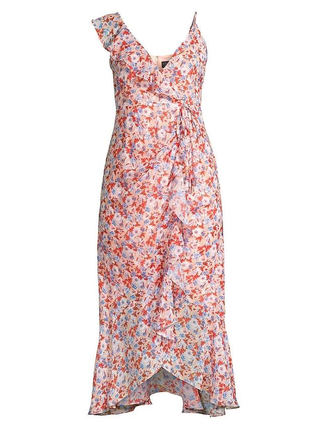 Womens Asymmetric Floral Ruffle Midi-Dress Product Image