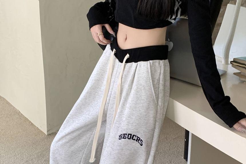 Drawstring Waist Lettering Embroidered Panel Wide Leg Sweatpants Product Image