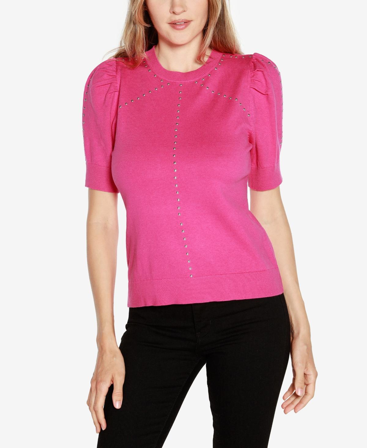 Belldini Womens Short Puff-Sleeve Embellished Sweater Product Image