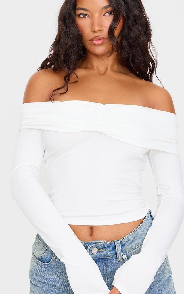 Cream Contour Jersey Ruched Foldover Bardot Crop Top Product Image