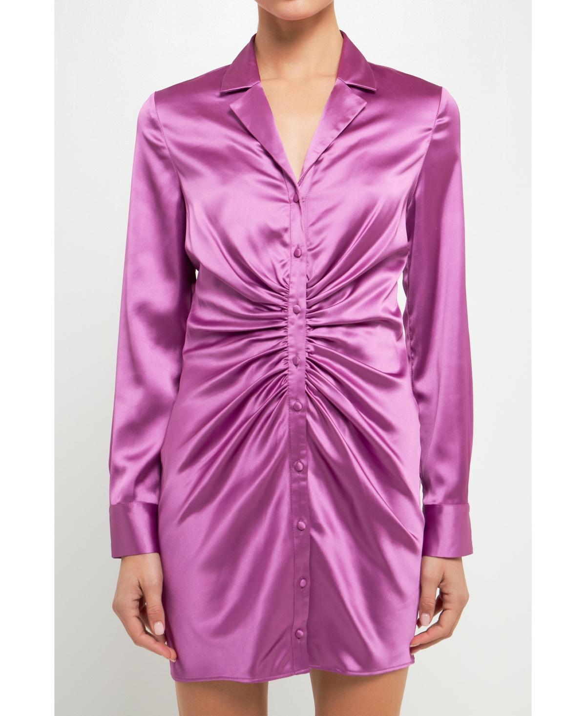 Endless Rose Ruched Long Sleeve Satin Shirtdress Product Image