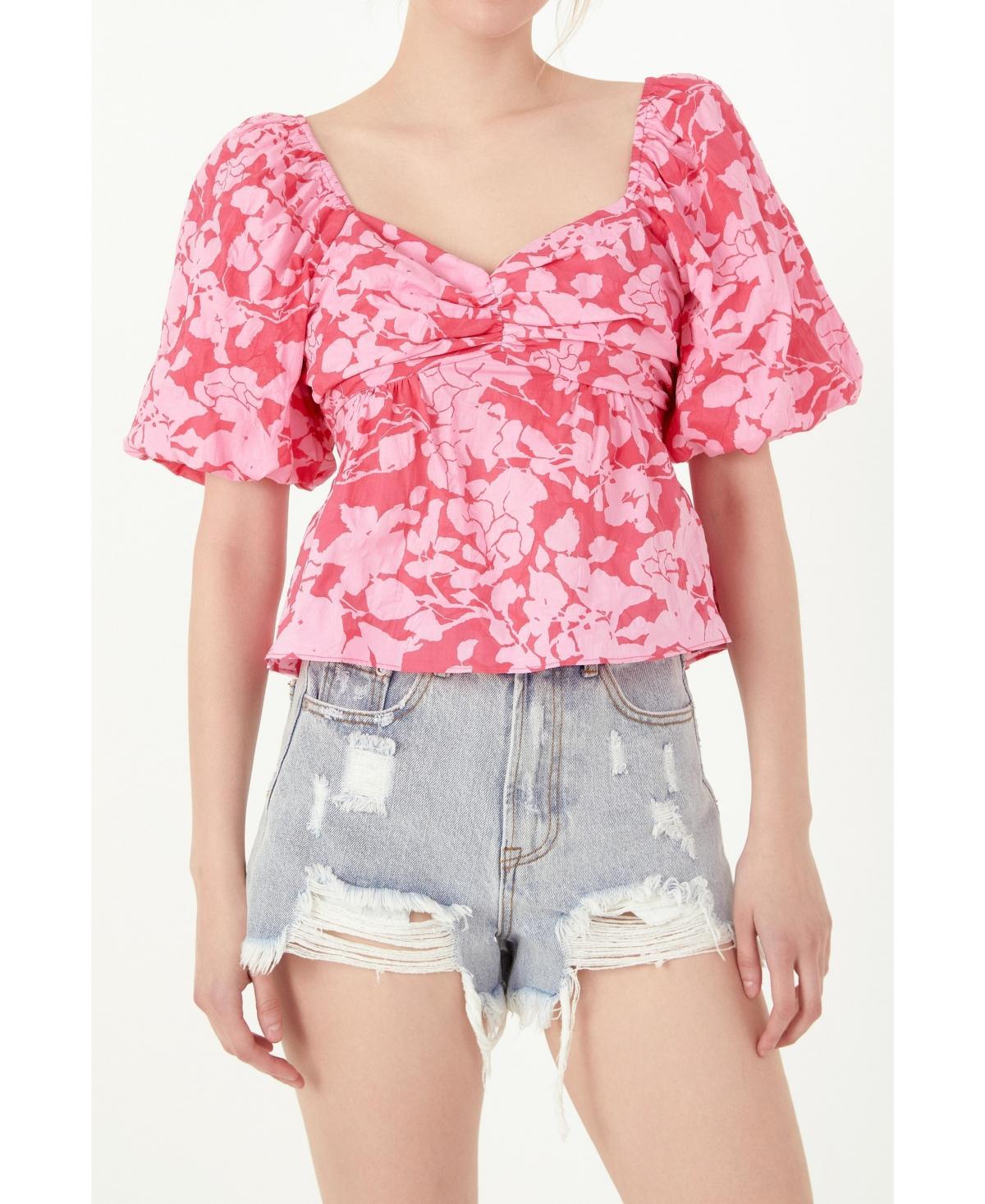 Free the Roses Floral Bow Back Puff Sleeve Blouse in Red/Pink at Nordstrom, Size X-Small Product Image