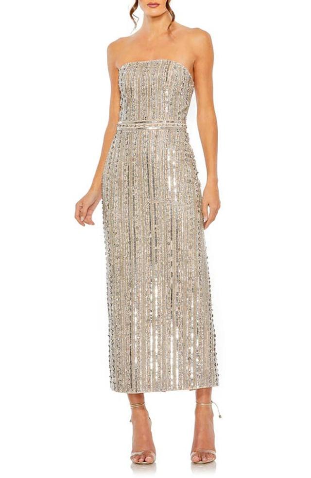 Embellished Strapless Column Dress In Beige Product Image