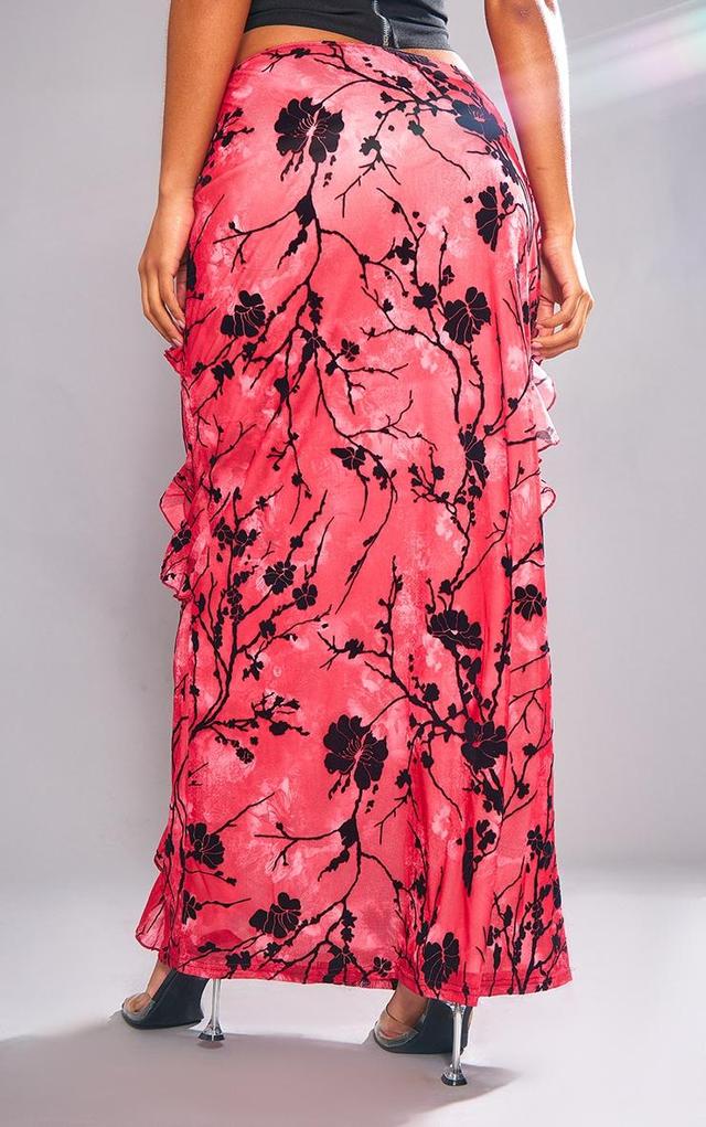 Red Floral Flocked Velvet Ruffle Front Maxi Skirt Product Image