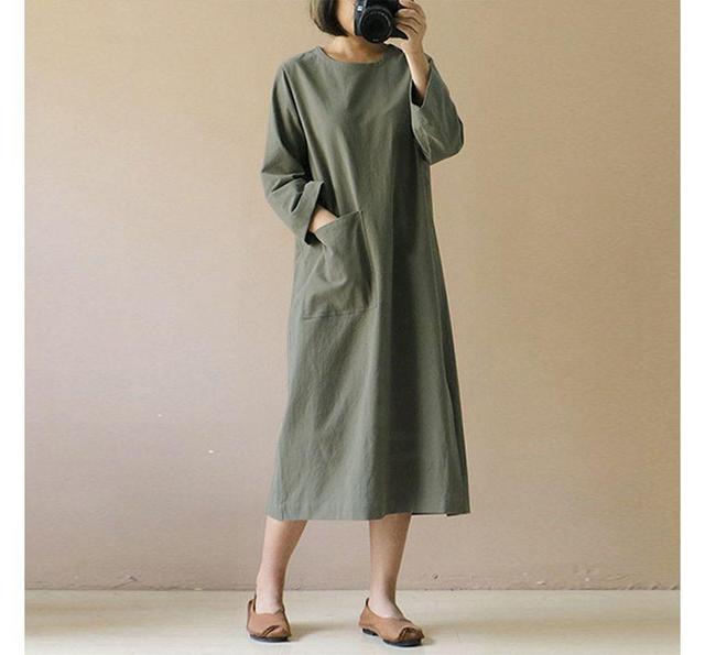 Long-Sleeve Crew Neck Plain Midi A-Line Dress Product Image