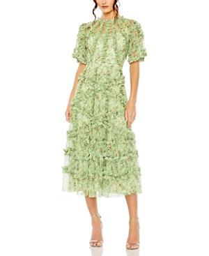 Womens Ruffled Floral Mesh Midi-Dress Product Image