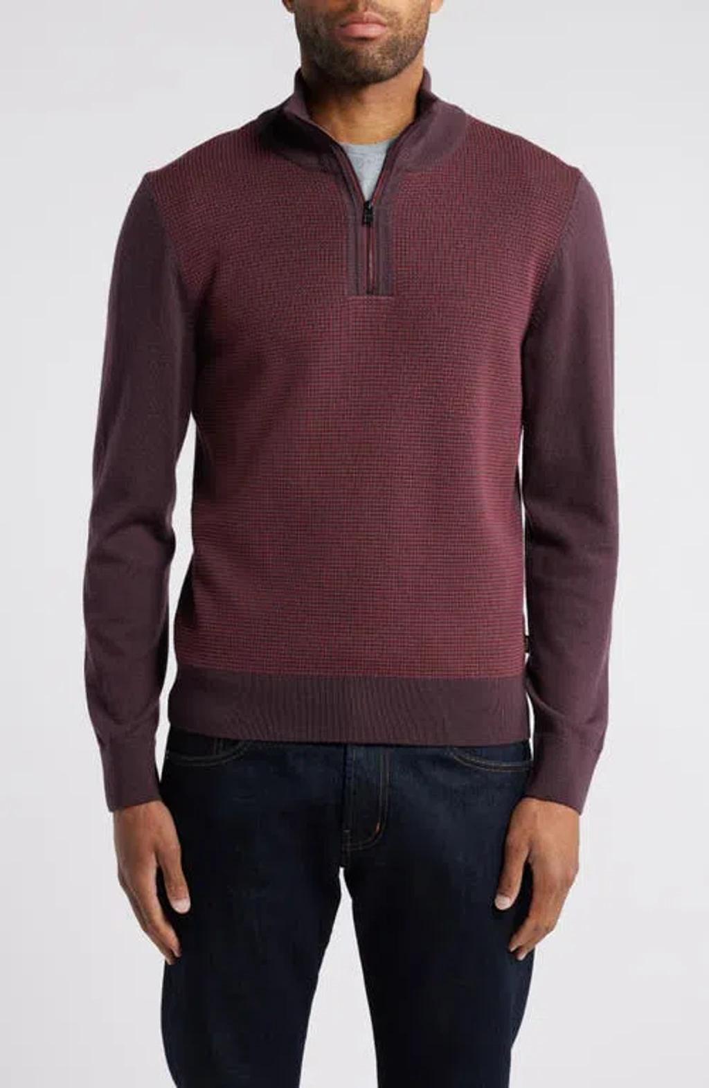 HUGO BOSS Virgin-wool Zip-neck Sweater With Mixed Structures In Open Red Product Image