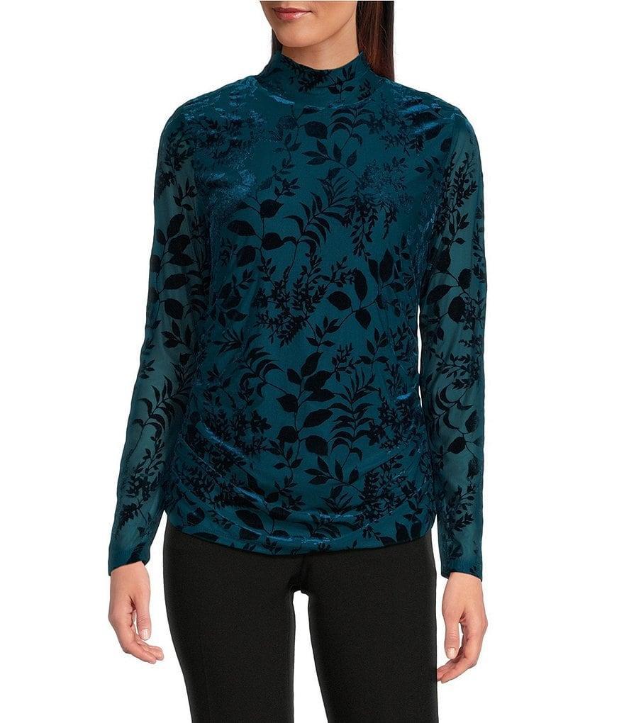 Calvin Klein Floral Burnout Crushed-Velvet Long Sleeve Mock Neck Ruched Top Product Image