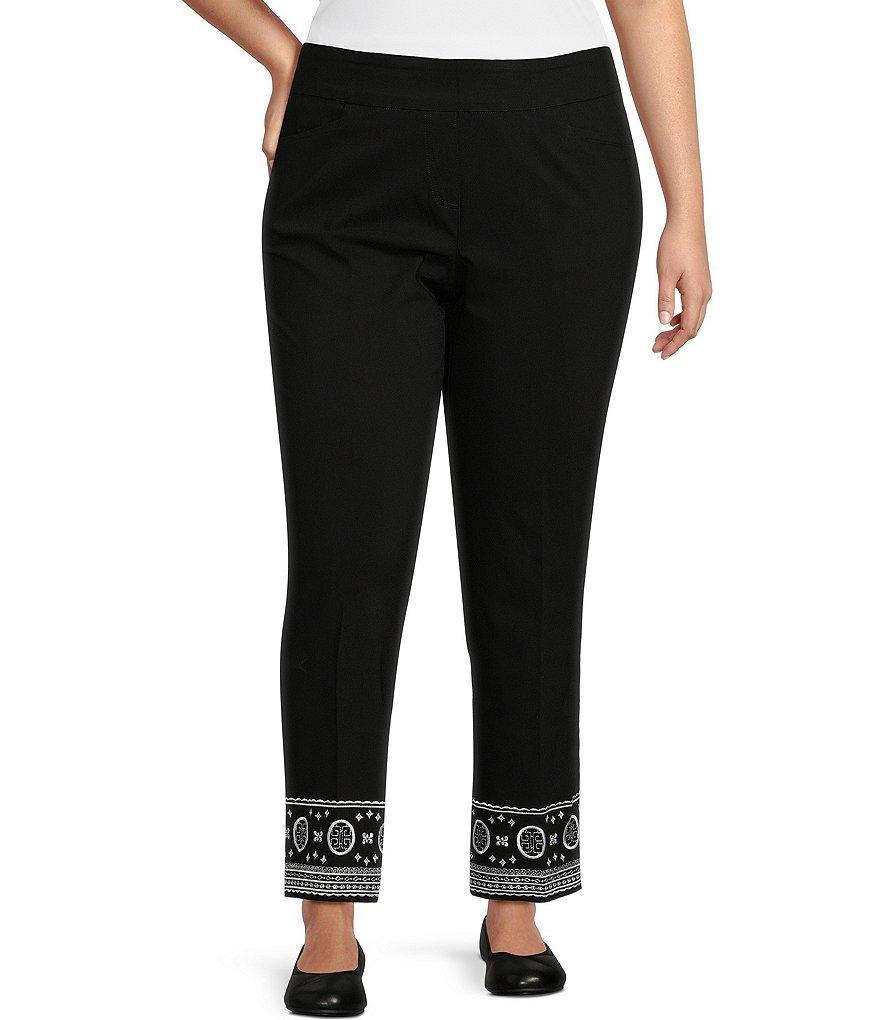 Multiples Plus Size Solid Twill Straight Leg Embroidered Hem Pull-On Ankle Pants Product Image