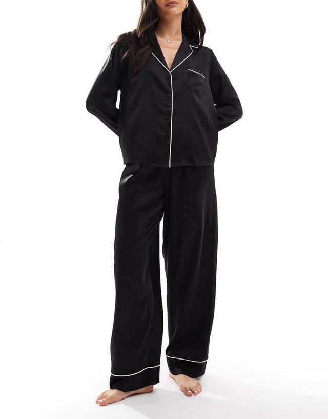 ASOS DESIGN satin long sleeve shirt & pants pajama set in black Product Image