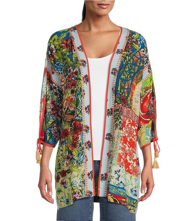 John Mark Embroidered Printed 3/4 Sleeve Tassel Ties Detail High-Low Hem Open-Front Kimono Product Image