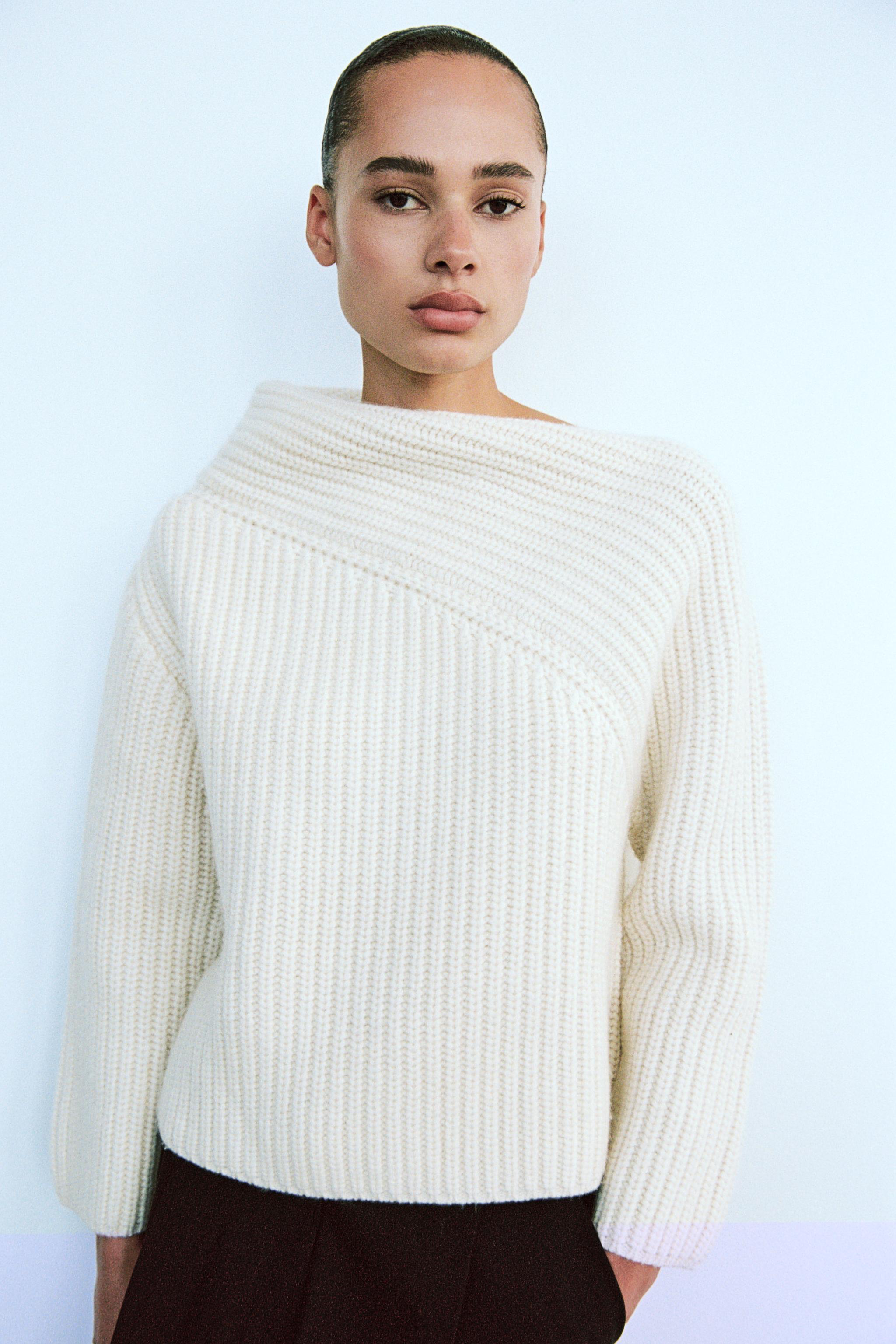 WOOL BLEND ASYMMETRIC NECKLINE SWEATER Product Image