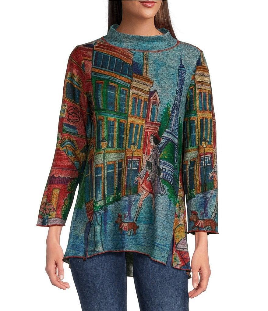 Ali Miles Knit Novelty Print Mock Neck 3/4 Sleeve Hi-Low Hem Tunic Product Image