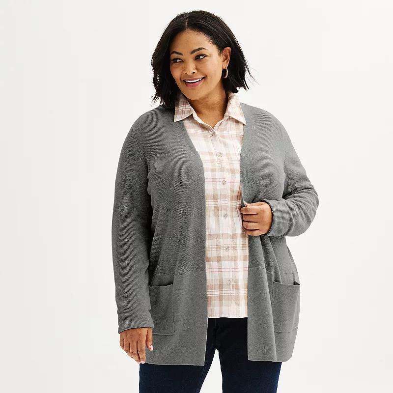 Plus Size Croft & Barrow Classic Ribbed Open-Front Cardigan, Womens Oatmeal Grey Product Image