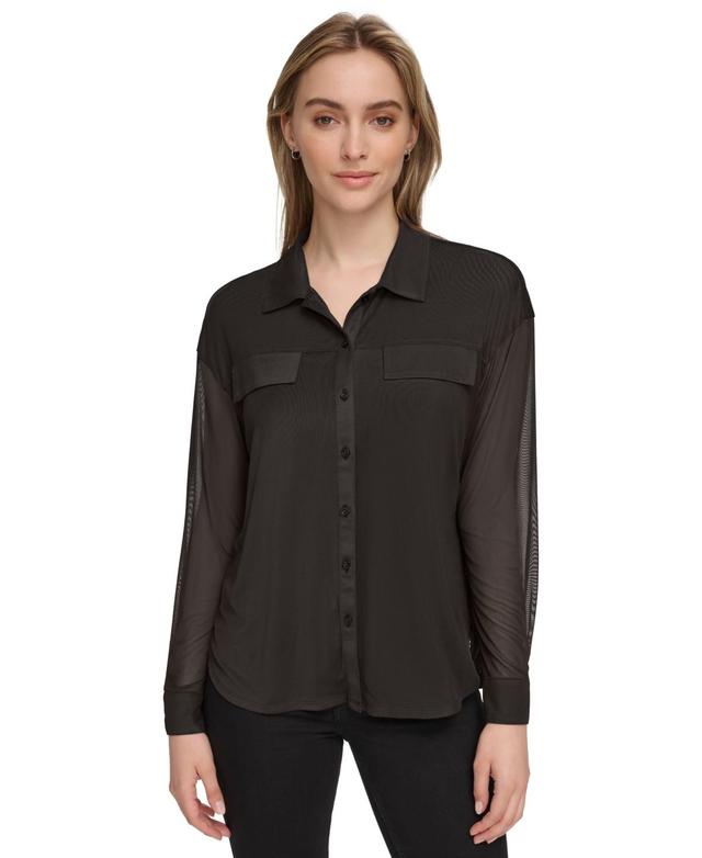 Calvin Klein Womens Mesh Button-Front Shirt Product Image