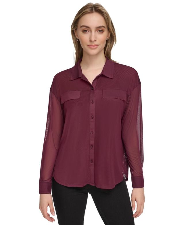 Calvin Klein Womens Mesh Button-Front Shirt Product Image