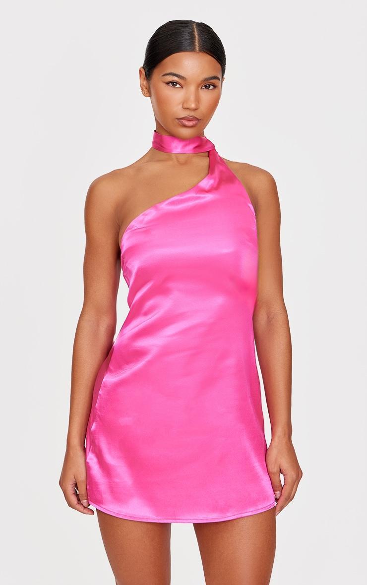 Hot Pink Scarf Detail Satin Shift Dress Product Image