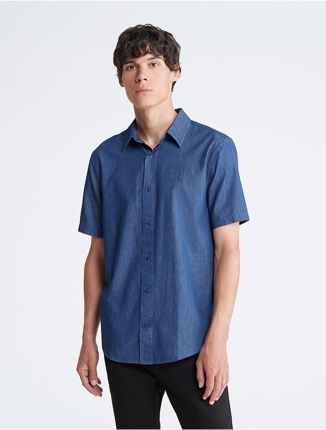 Calvin Klein Mens Chambray Button Down Short Sleeve Shirt - Blue - XS Product Image