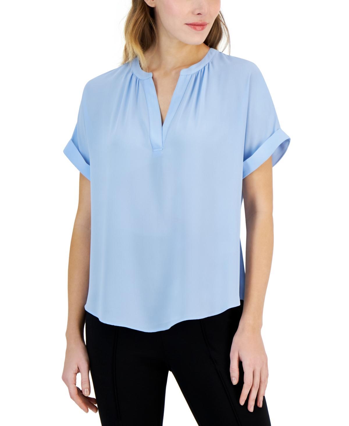 T Tahari Womens Split-Neck Rolled-Cuff Top Product Image