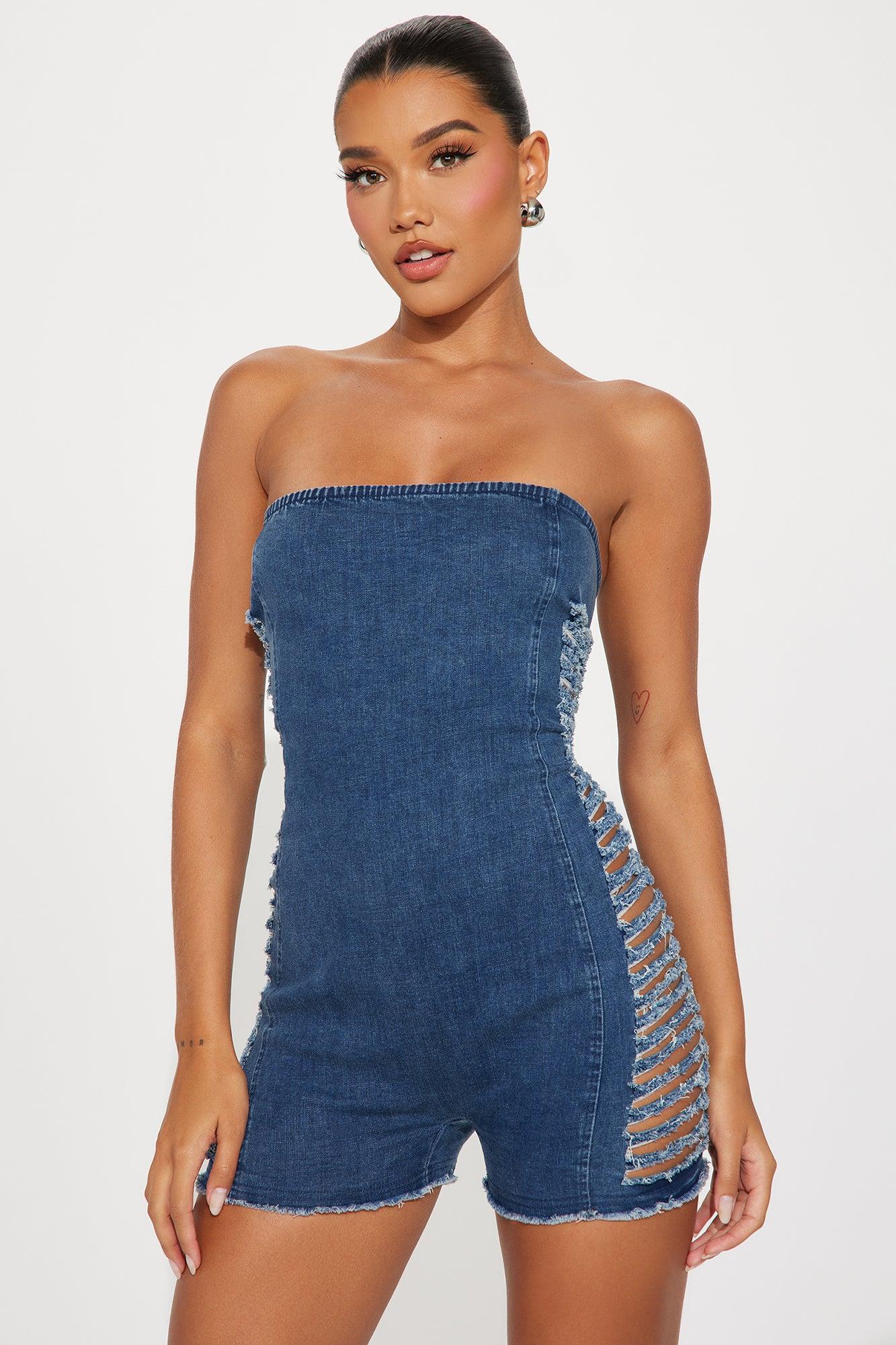 Worth It Distressed Romper - Medium Wash Product Image