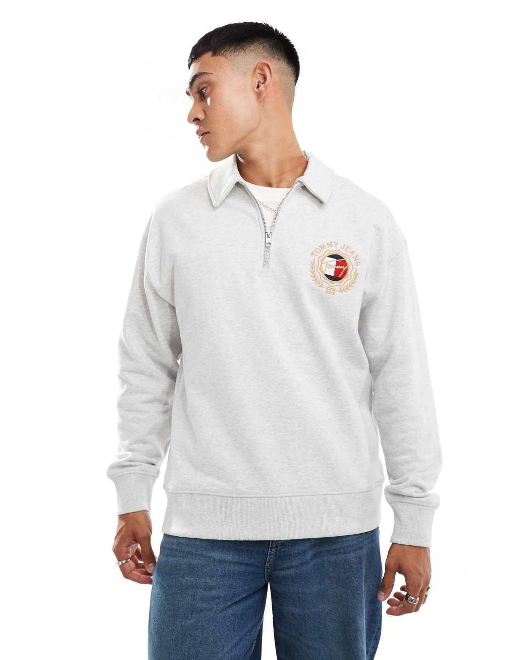 Tommy Jeans explorer luxe logo half zip sweatshirt in gray Product Image