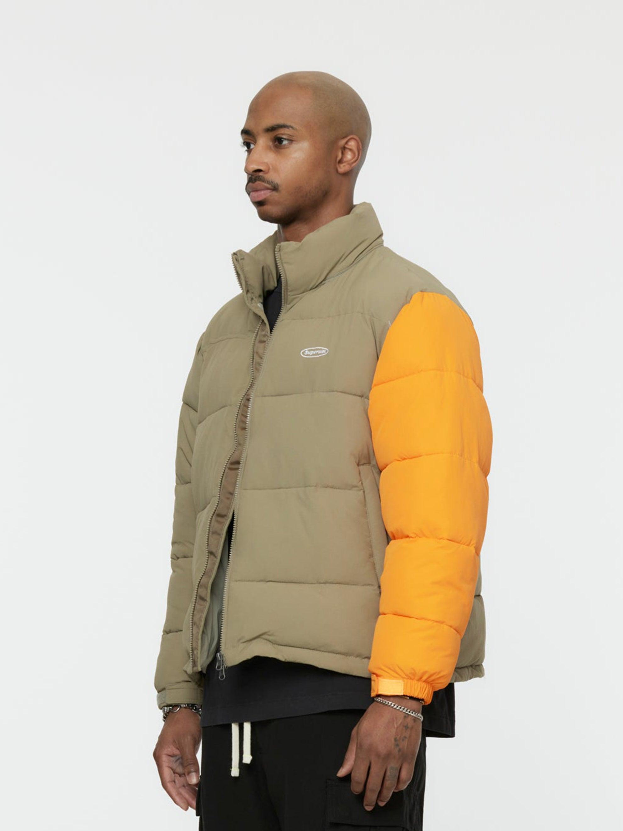 Contrast Sleeve Puffer Jacket (Khaki/Orange) Product Image