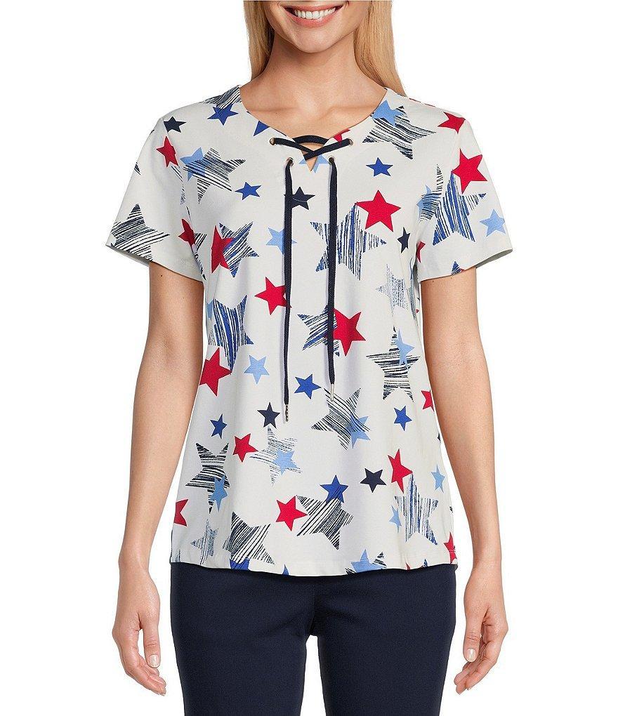 Allison Daley Petite Size Star Print Short Sleeve Lace-Up Split V-Neck Knit Top Product Image