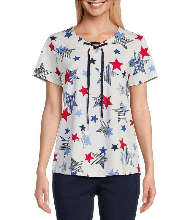 Allison Daley Star Print Short Sleeve Lace-Up Split V-Neck Knit Top Product Image