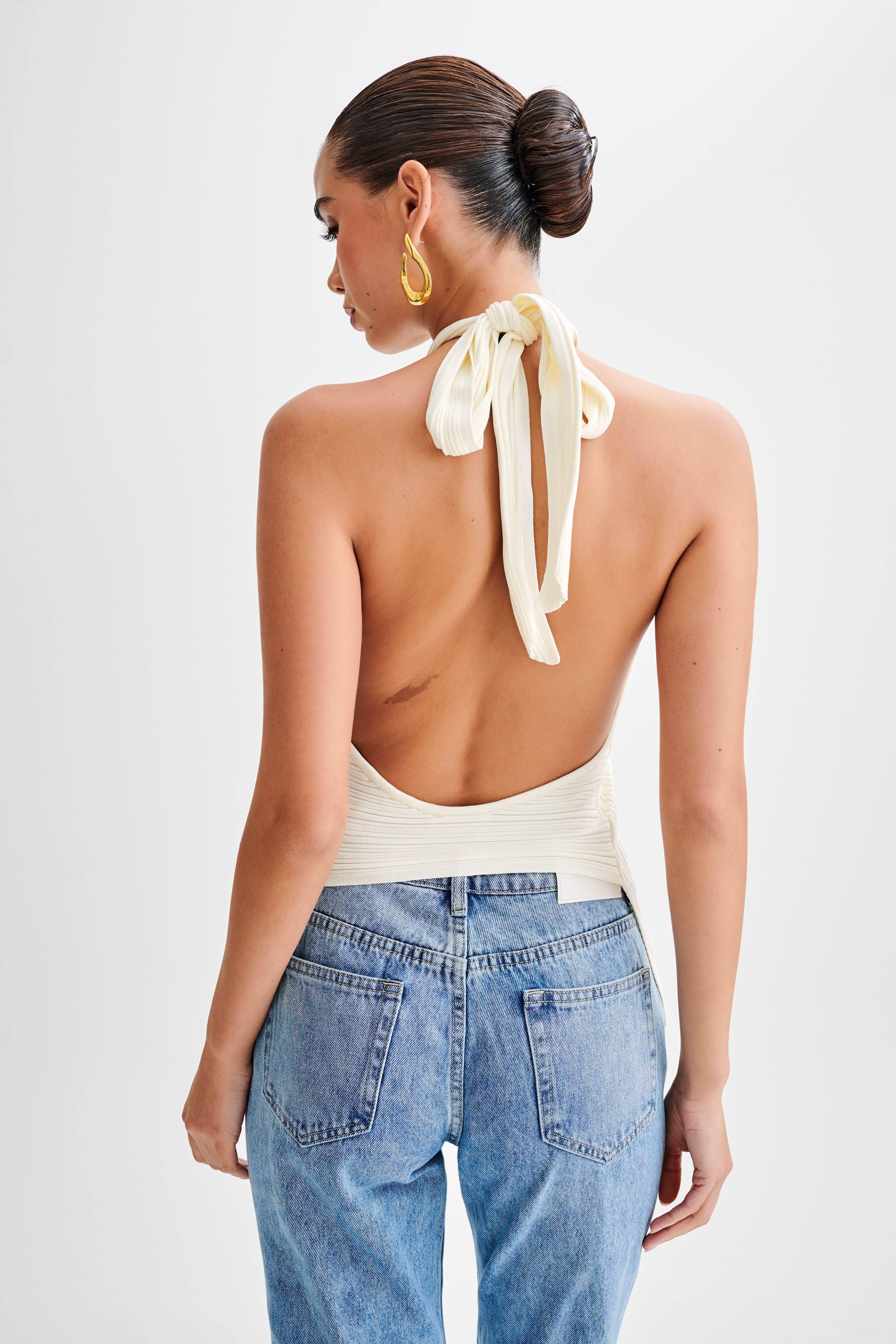 Laila Longline Halter Rib Knit Top - Ivory Marle Product Image