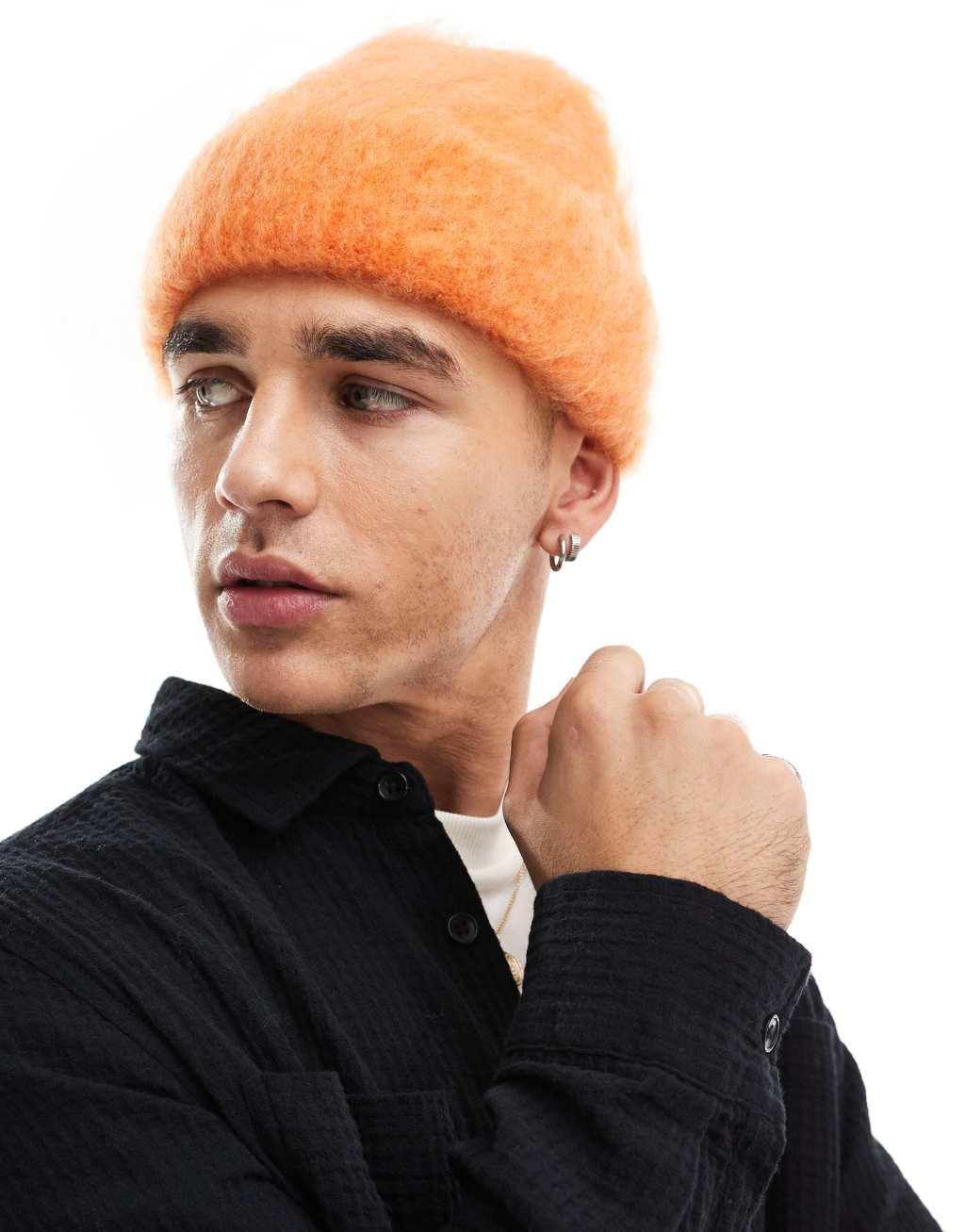 ASOS DESIGN fluffy wool mix beanie in orange Product Image