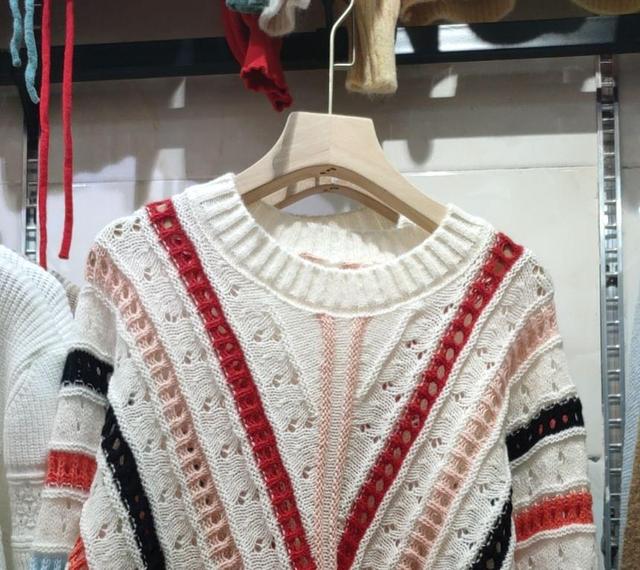 Crew Neck Striped Pointelle Knit Sweater / Cardigan Product Image