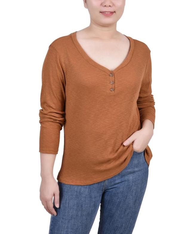 Ny Collection Petite Long Sleeve Ribbed Henley Top Product Image