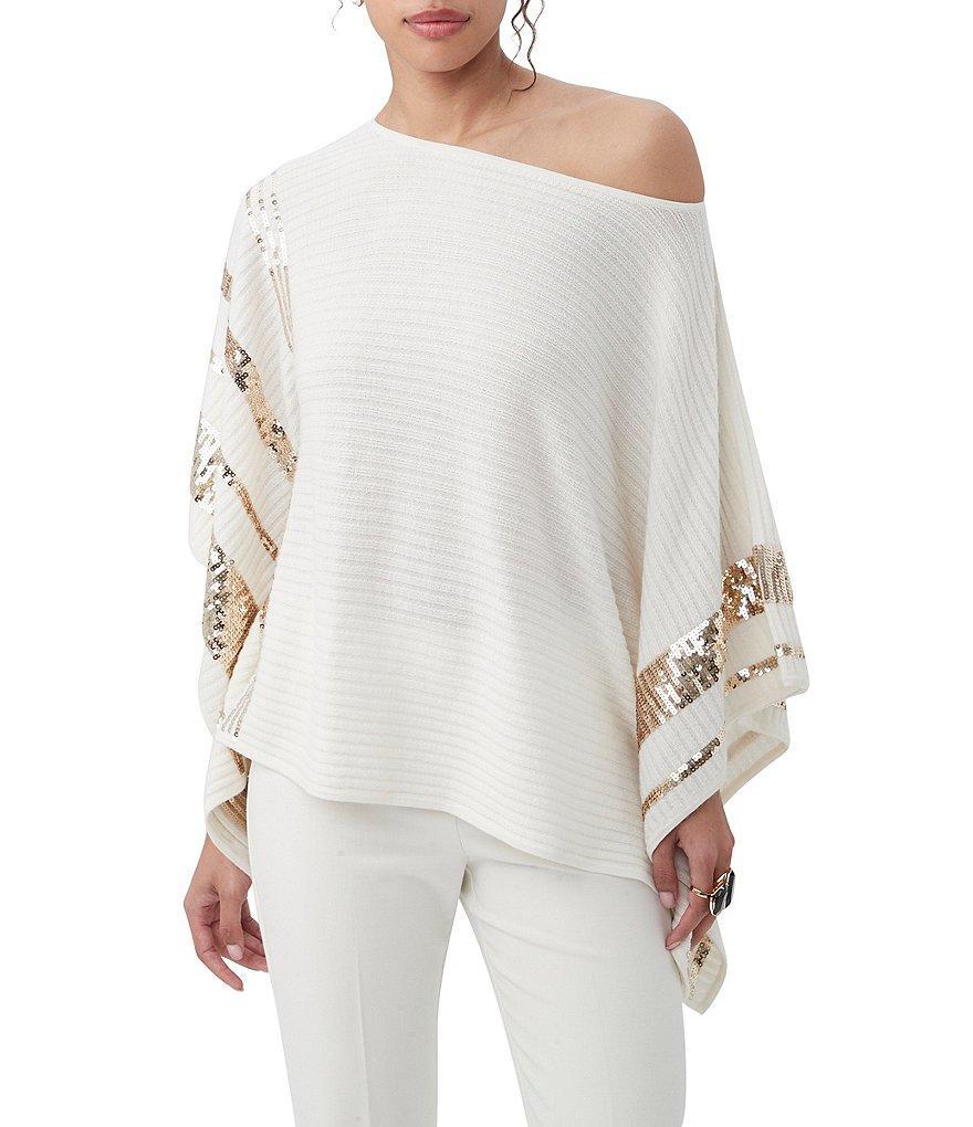 Trina Turk Adela Ribbed Knit Off-The-Shoulder 3/4 Dolman Sequin Sleeve Top Product Image