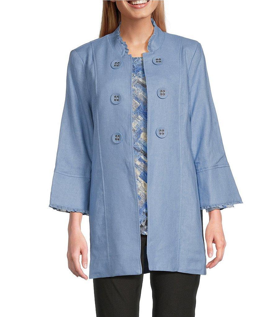 Multiples Linen-Blend Stand Collar 3/4 Flounce Sleeve Open Front Jacket product image