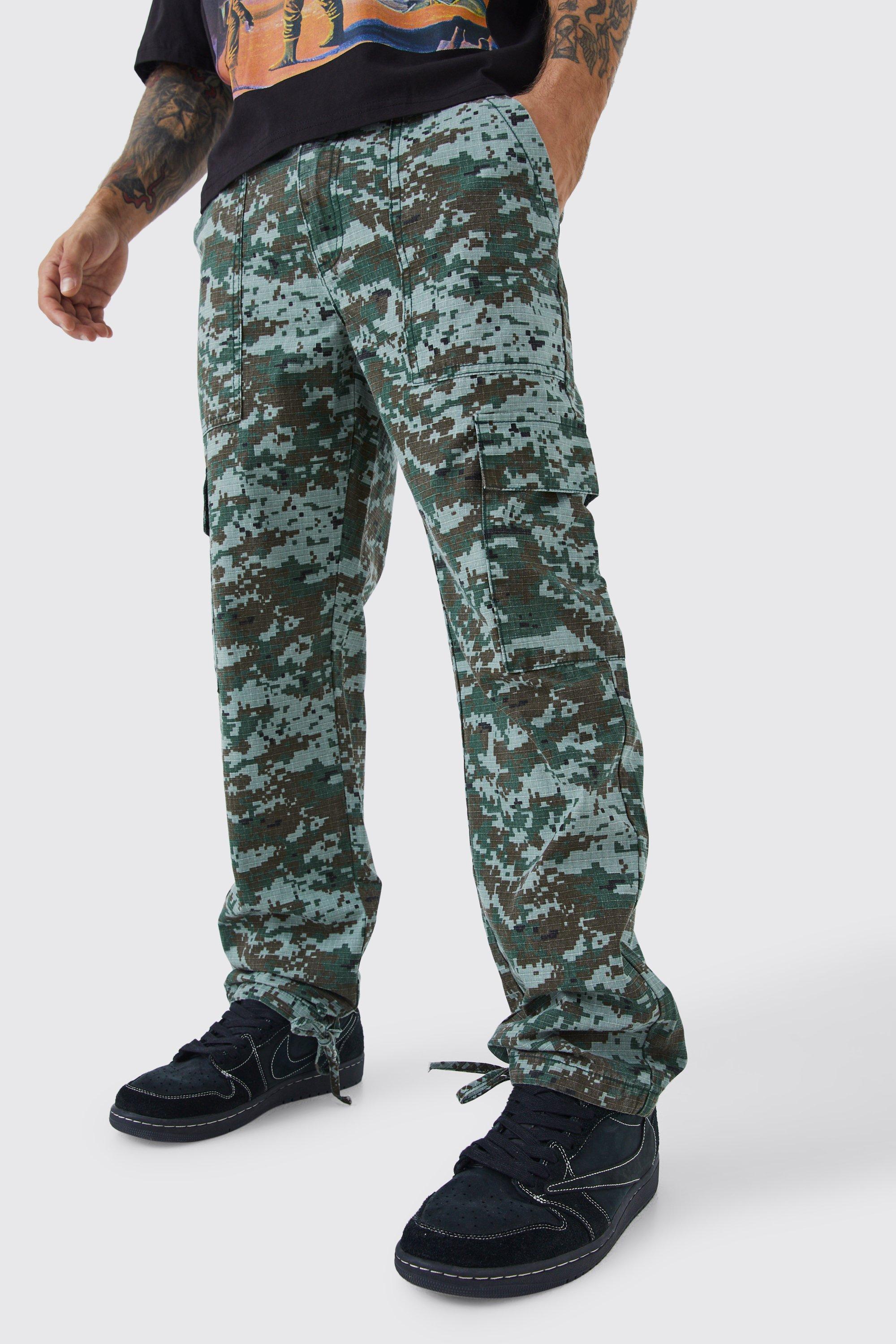 Mens Green Straight Leg Tie Hem Camo Trouser, Green Product Image