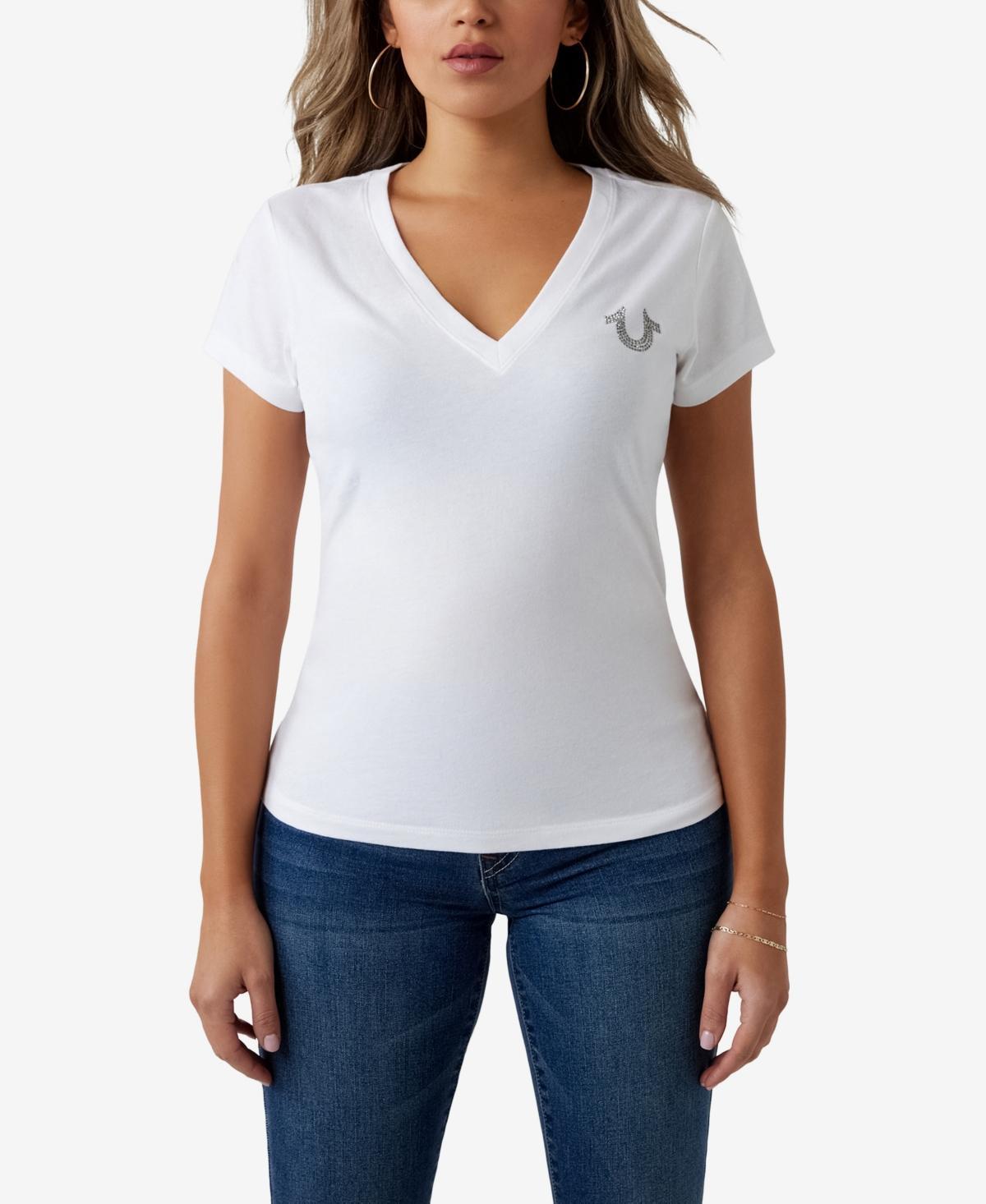 True Religion Womens Short Sleeve Crystal Buddha Slim V-neck T-shirt Product Image