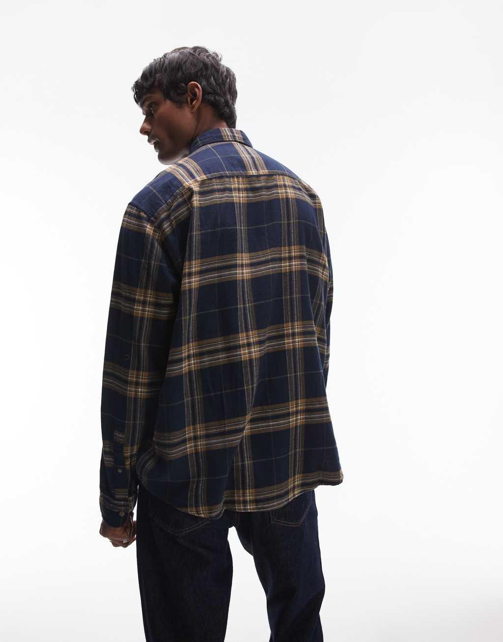 Selected Homme oversized shirt in navy yellow check Product Image