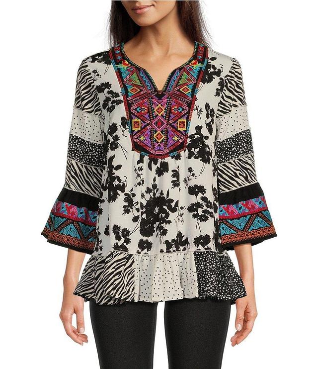 Calessa Woven Embroidered Patchwork Border Floral Print Split V Neck 3/4 Sleeve Straight Hem Pullover Tunic Product Image